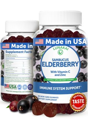 Lunakai USA Made Black Sambucus Elderberry Gummies for Adults Kids with Vitamin C Zinc - Immune Support, Antioxidants, Non-GMO, 60 Gummies