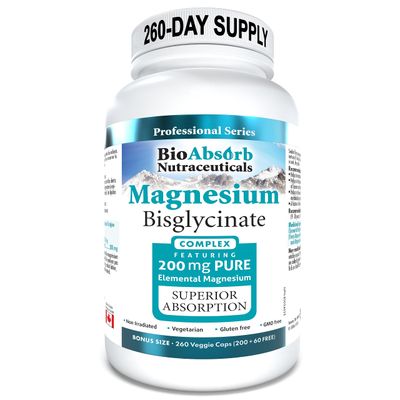 Bio Absorb Magnesium GlycinateBisglycinate Supplement. 200mg of Chelated Elemental Magnesium. 260 Vegan Capsules (260-Day Supply)