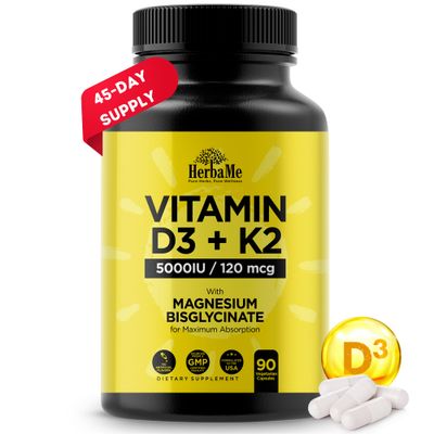 HerbaMe Vitamin D3 5000 IU K2 with Magnesium Bisglycinate for Max Absorption 90 Capsules Immune Support Promotes Heart, Bone and Muscle Health