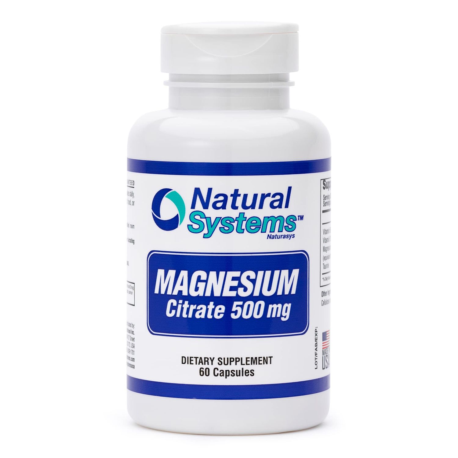 Magnesium Citrate 500mg 60 Capsules by Natural Systems - Magnesium Supplement Powder Muscle Calm - Magnesium Citrate Supplement for Constipation - Magnesium Citrate Powder Capsules for Natural Slim