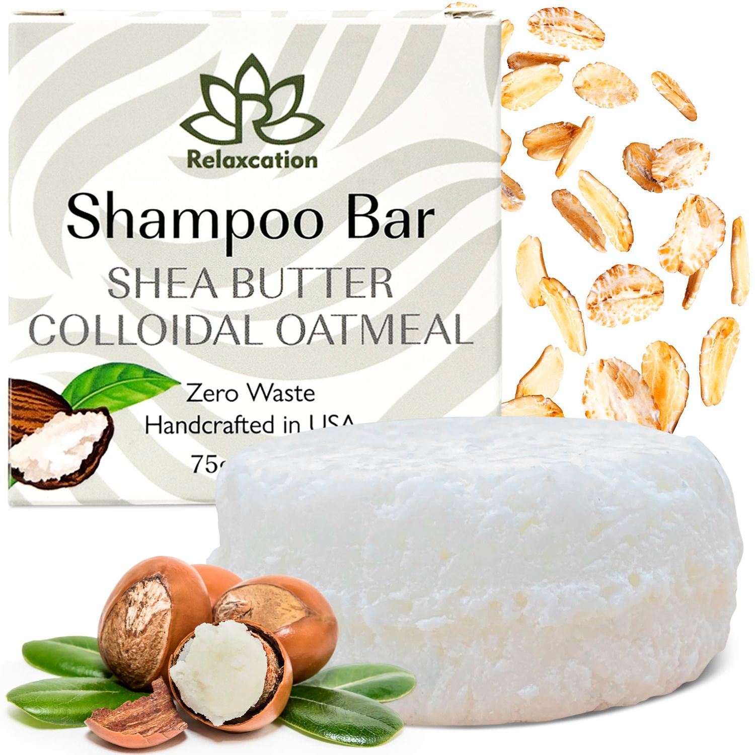 Relaxcation Organic Unscented SOLID Shampoo Bar for Damaged Hair with Shea Butter, Colloidal Oatmeal, Coconut Oil, Cocoa Butter, Jojoba, and Argan Oil for Normal and Sensitive Skin - Handmade in USA