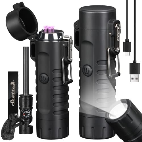 Scotte Plasma Windproof Arc Lighter Electric Lighter and LED Flashlight - 2 in 1 (Black)5 in 1 Magnesium Fire Starter for Emergency Survival, Candle, Camping, Hiking, All Weather Magnesium Ferro Rod