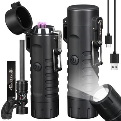 Scotte Plasma Windproof Arc Lighter Electric Lighter and LED Flashlight - 2 in 1 (Black)5 in 1 Magnesium Fire Starter for Emergency Survival, Candle, Camping, Hiking, All Weather Magnesium Ferro Rod
