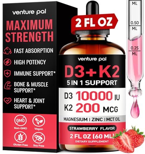 Venture Pal Vitamin D3 10000 IU Drops Plus K2 200 mcg with Magnesium, MCT Oil, Zinc, Vitamin D Liquid Maximum Absorption for Bone, Mood Immune Health (Strawberry, 2 Fl Oz)