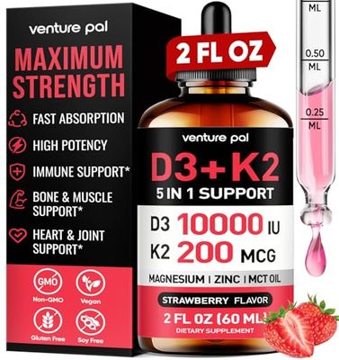 Venture Pal Vitamin D3 10000 IU Drops Plus K2 200 mcg with Magnesium, MCT Oil, Zinc, Vitamin D Liquid Maximum Absorption for Bone, Mood Immune Health (Strawberry, 2 Fl Oz)