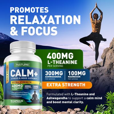 Built by Nature Calm Relaxation Focus - Stress, Cortisol Mood Support - Calm Supplement with L-Theanine, Ashwagandha, Magnesium Glycinate, Vitamin D3 - 90 Capsules