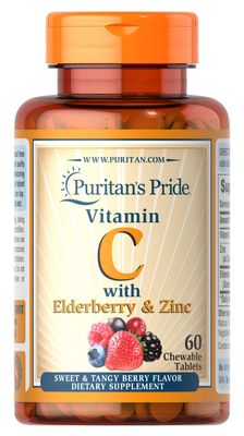 Puritan&#39;s Pride Vitamin C with Elderberry Zinc for Immune System Support, Chewables, 60 Count (Pack of 1)