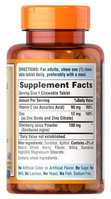 Puritan's Pride Vitamin C with Elderberry Zinc for Immune System Support, Chewables, 60 Count (Pack of 1)