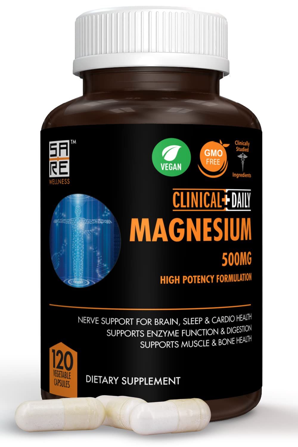 CLINICAL DAILY Pure Magnesium Citrate Capsules High Potency 500mg with Natural Magnesium Oxide. Vegan Magnesium Supplement for Women and Men Supports Rest, Enzyme and Nerve Function. 120 Ct 2 Months