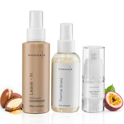 MOEHAIR Travel Trio Pack: Leave-in Conditioner Thermal Shield Spray 3.4 Fl Oz each, and Hair Serum (0.5 Fl Oz) Deep Conditioning and Heat Protectant Set