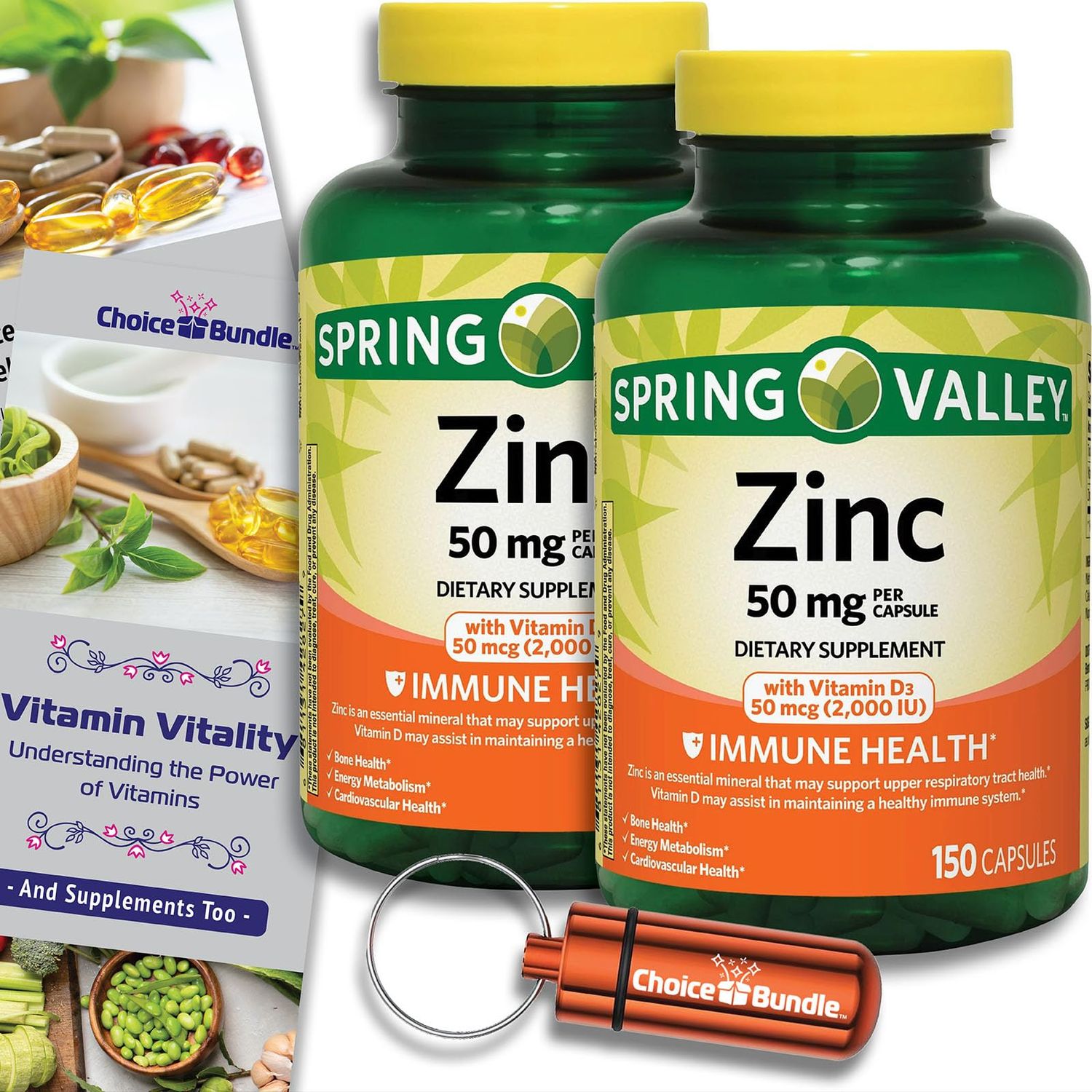 Choice Bundle Spring Valley Zinc 50 mg with Vitamin D3 50 mcg 150 Ct Immune Health Dietary Supplement Capsules 2 pk (300 Total) Vitamin Guide Pill Container (4 Items)!