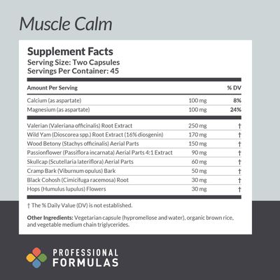Professional Formulas Muscle Calm - Support Healthy Muscles and Mobility with Valerian Root, Wild Yam, Cramp Bark, Calcium Magnesium - Vegetarian, Gluten Free, Hypoallergenic, 90 Capsules