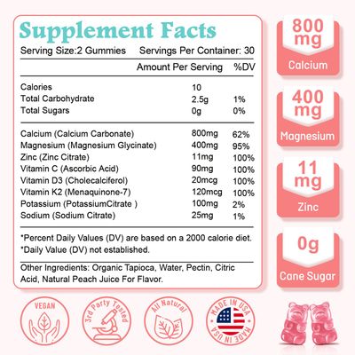 High Absorption Calcium Gummies, Sugar Free Calcium Magnesium Zinc Gummies with Vitamin D3 for Men and Women, Peach Flavored 60 Cts
