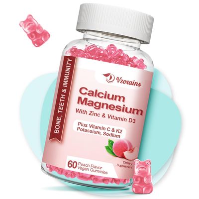 High Absorption Calcium Gummies, Sugar Free Calcium Magnesium Zinc Gummies with Vitamin D3 for Men and Women, Peach Flavored 60 Cts