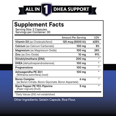 NEW AGE DHEA Supplement - Pregnenolone for Men Women with DIM, Ashwagandha, Boron, Calcium, Magnesium, Zinc, Vitamin D3 5000iu - Support Capsules - 120 Count