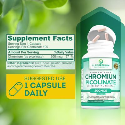 PurePremium Chromium Picolinate 200mcg - High Potency Chromium Supplements - Essential Mineral Health Support for Men Women - Gluten-Free - 3 Months Supply - 100 Capsules