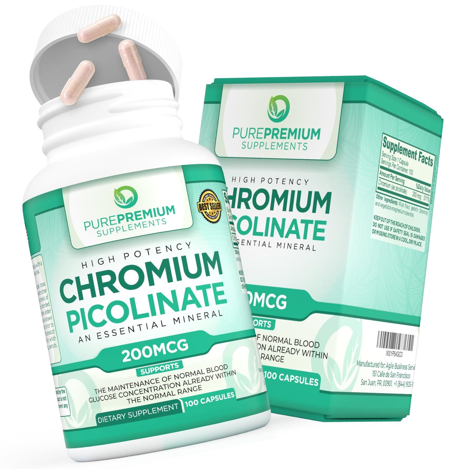 PurePremium Chromium Picolinate 200mcg - High Potency Chromium Supplements - Essential Mineral Health Support for Men Women - Gluten-Free - 3 Months Supply - 100 Capsules