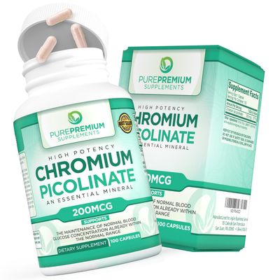 PurePremium Chromium Picolinate 200mcg - High Potency Chromium Supplements - Essential Mineral Health Support for Men Women - Gluten-Free - 3 Months Supply - 100 Capsules