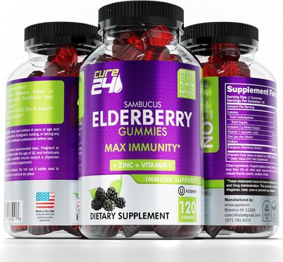 Cure24 Sambucus Elderberry Gummies Vitamin C Zinc for Kids Adults, X3 Immune Support, Natural Flavors Ingredients, Vegan, Non-GMO, Made in USA (120)