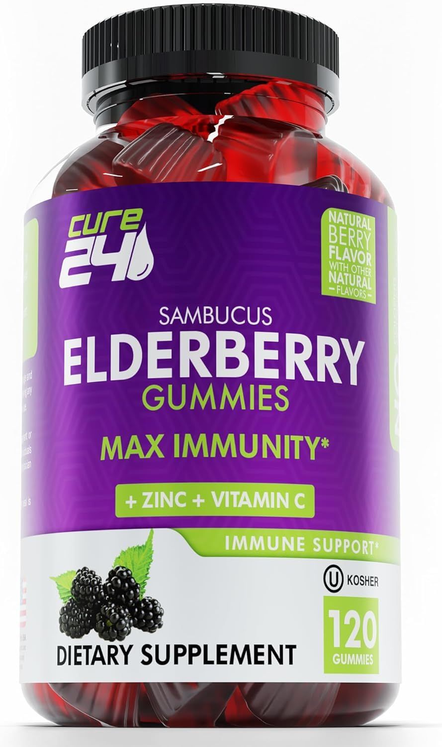 Cure24 Sambucus Elderberry Gummies Vitamin C Zinc for Kids Adults, X3 Immune Support, Natural Flavors Ingredients, Vegan, Non-GMO, Made in USA (120)