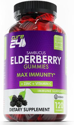 Cure24 Sambucus Elderberry Gummies Vitamin C Zinc for Kids Adults, X3 Immune Support, Natural Flavors Ingredients, Vegan, Non-GMO, Made in USA (120)