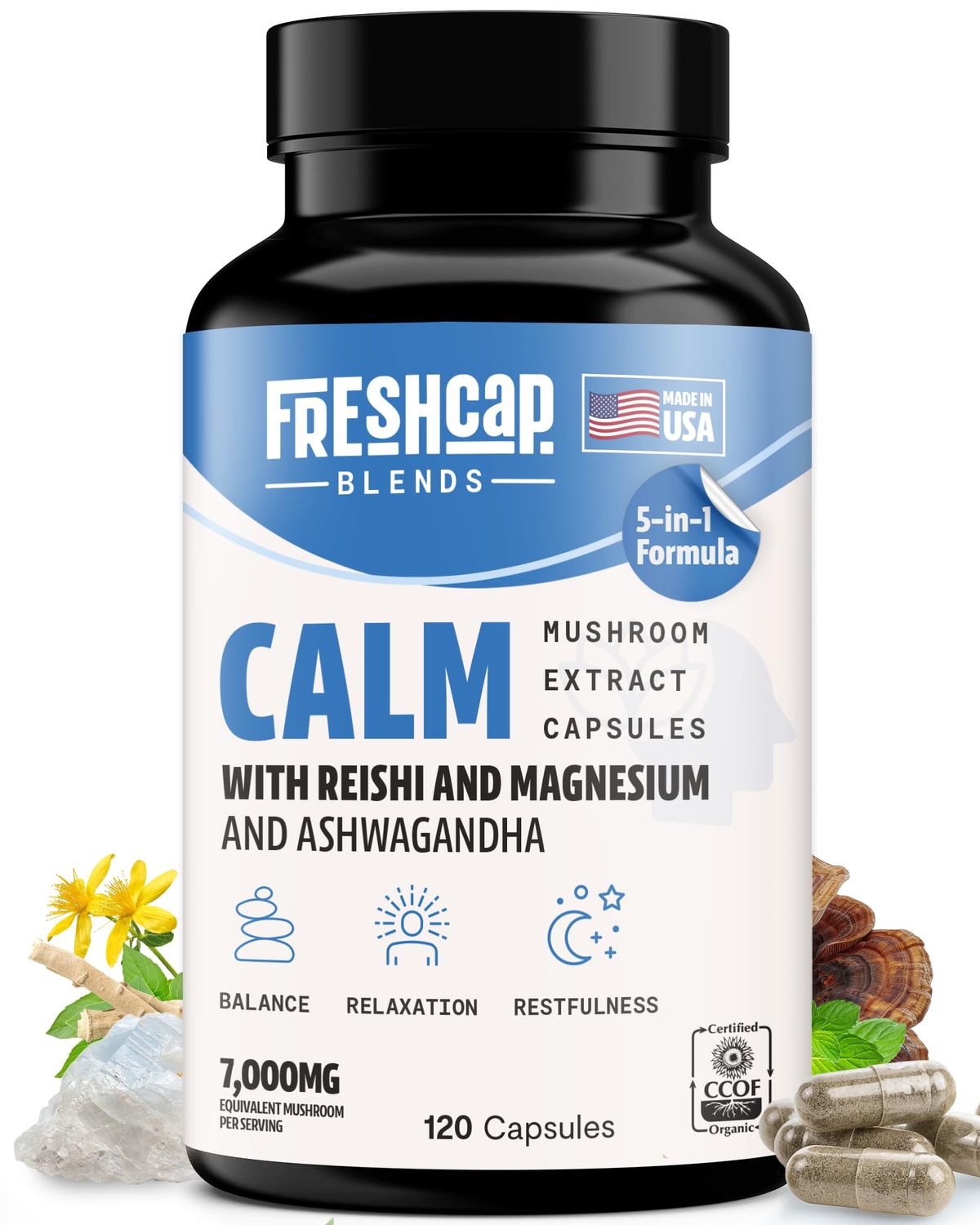 FreshCap 5-in-1 Calm Magnesium Glycinate Supplement, 7000mg Reishi Mushroom Capsules, Calm Magnesium, Natural Calm Magnesium Supplement, St Johns Wort Extract, Ashwagandha Magnesium, Ayurveda