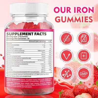 2 Pack Vegan Iron Gummies for Adults Kids - with Vitamin C, A, B-Complex, Folate, Zinc, and Biotin - for Blood Building Energy Support, 120 Gummies