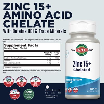 KAL Zinc 15 with Betaine HCl Trace Minerals, Healthy Metabolism Immune System Function Support, Chelated for Absorption, Vegetarian, 100 Tablets