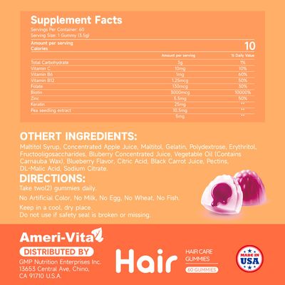 Ameri-Vita Daily Biotin Gummies 3000mcg Biotin Enhanced Formula Vitamin C, B6, B12, Keratin, Zinc Pea Sprout Extract Vegan Sugar Free Blueberry Flavor, Sugar-Free, 60 Vegan Gummies