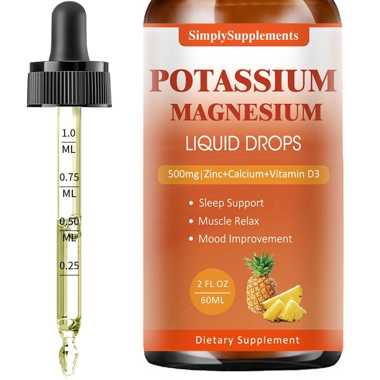 Potassium Magnesium Supplement - Potassium 99mg 500mg Magnesium Glycinate Complex Liquid Drops with Calcium, Zinc, Vitamin B6, D3 - Energy Bone Muscle Support - 2 Fl oz
