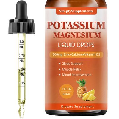 Potassium Magnesium Supplement - Potassium 99mg 500mg Magnesium Glycinate Complex Liquid Drops with Calcium, Zinc, Vitamin B6, D3 - Energy Bone Muscle Support - 2 Fl oz