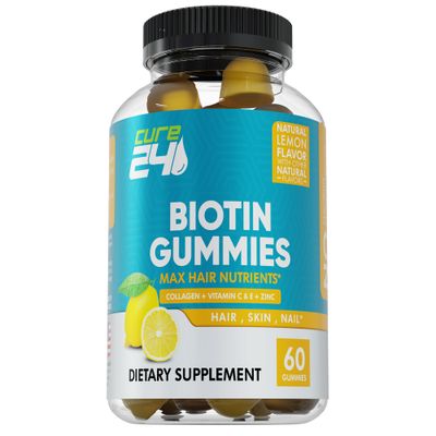 Cure24 Biotin Gummies with Vitamin C, E, Collagen, and Zinc, biotin Gummies for Hair Growth, Nail, Skin, Support, Made in USA 60 Gummies