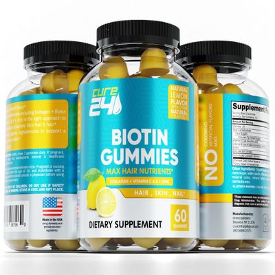 Cure24 Biotin Gummies with Vitamin C, E, Collagen, and Zinc, biotin Gummies for Hair Growth, Nail, Skin, Support, Made in USA 60 Gummies