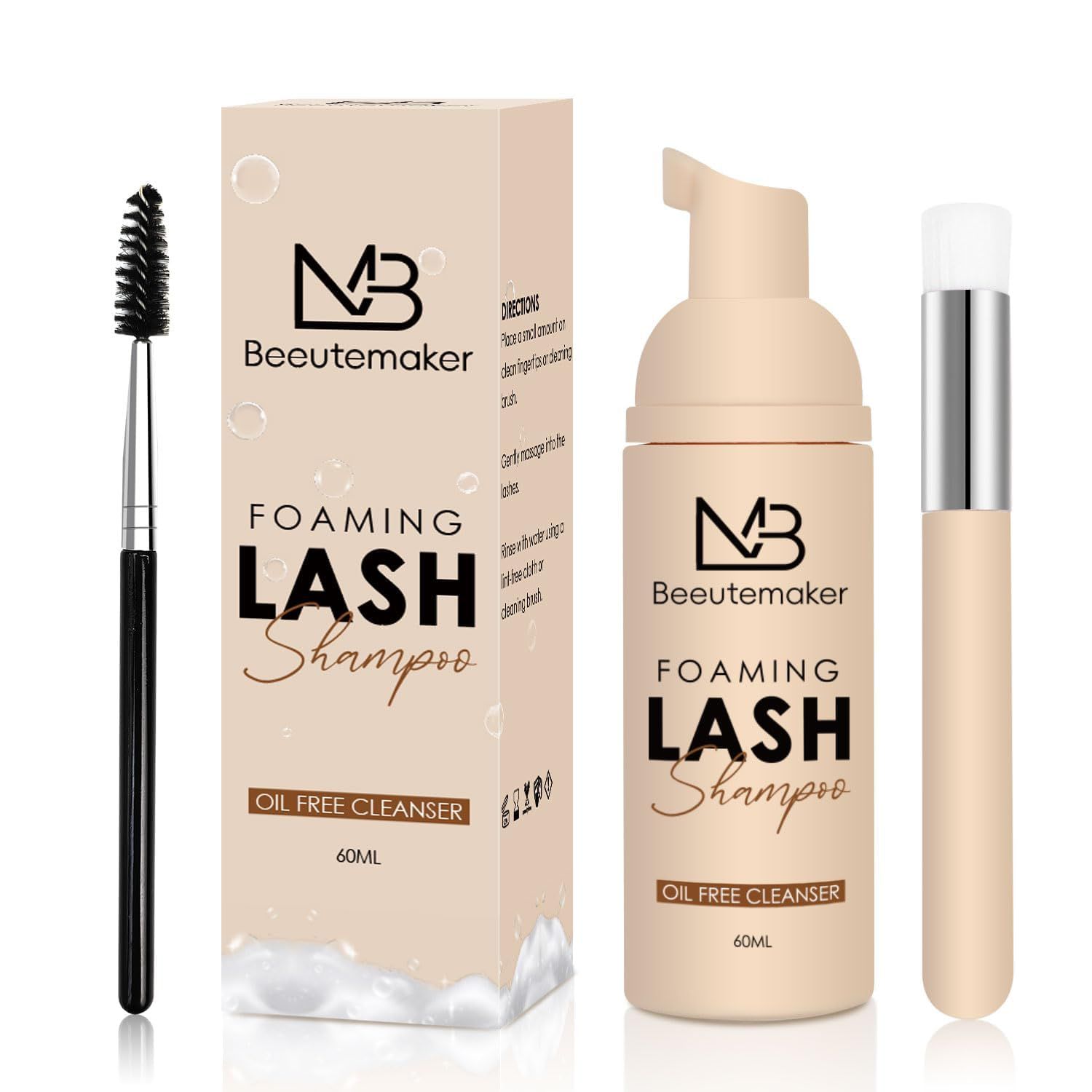 Beeutemaker 60ml Beige Lash Shampoo for Lash Extensions. Lash Wash for Eyelash Extensions Natural Lashes. lash extension cleanser for Makeup Remover Oil Sulfate Free for Salon and Home Use