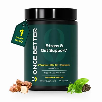 Once Better Stress Gut Support Supplement - Ashwagandha KSM-66 , L-Theanine, Magnesium Glycinate, Probiotics Inulin for Digestive Health Stress Relief - 60 Capsules - Men Women