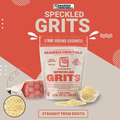 Marsh Hen Mill Speckled Grits - Stone Ground Heirloom Blend of Yellow White Corn Old-Fashioned Corn Grits Gluten-Free No Additives Pure All-Natural Corn 24 oz (Pack of 1)