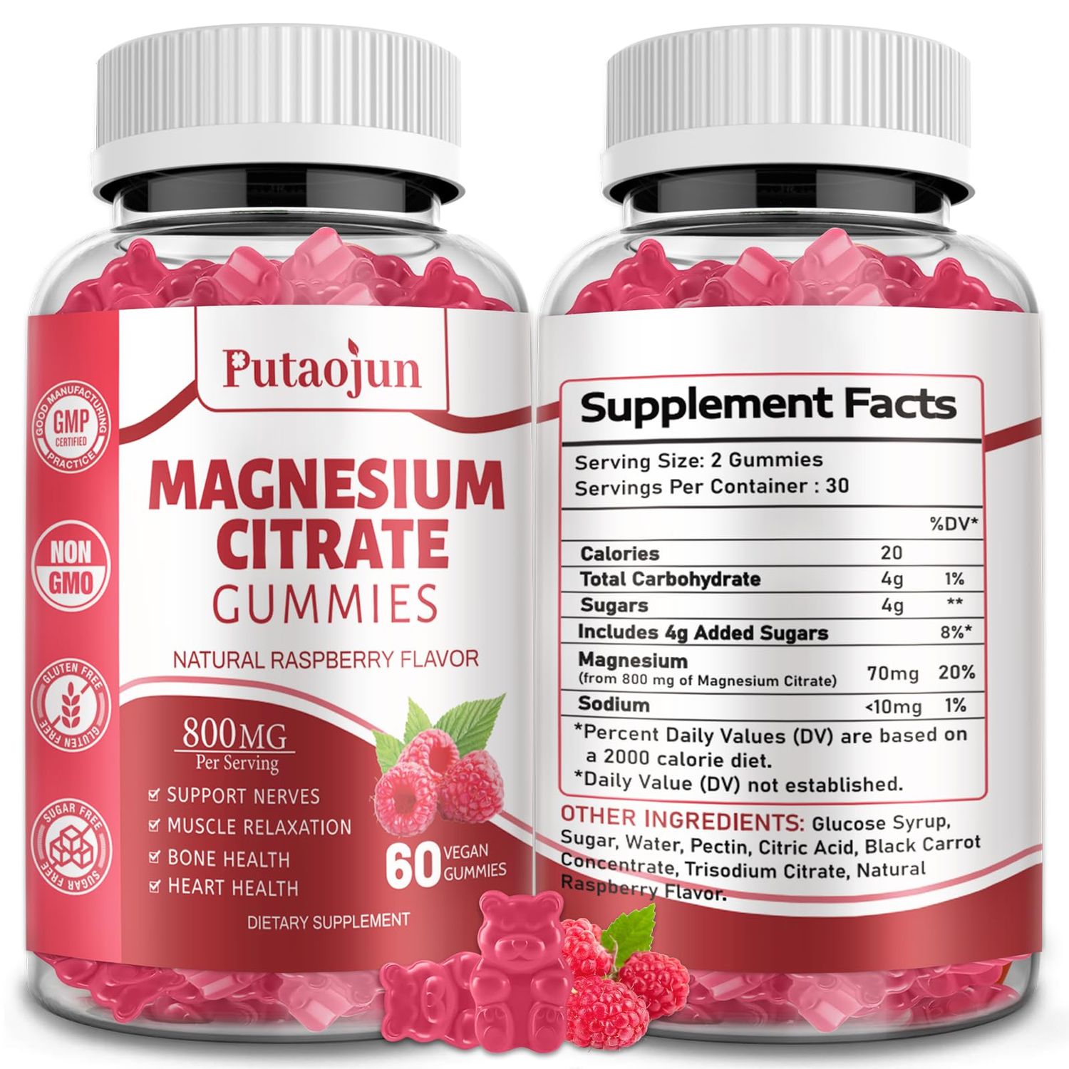Magnesium Citrate Gummies Magnesium Supplement for Adults Women Men High Absorption Magnesium Supplement Vegan, Non-GMO Magnesium Gummies 60 Raspberry Gummies