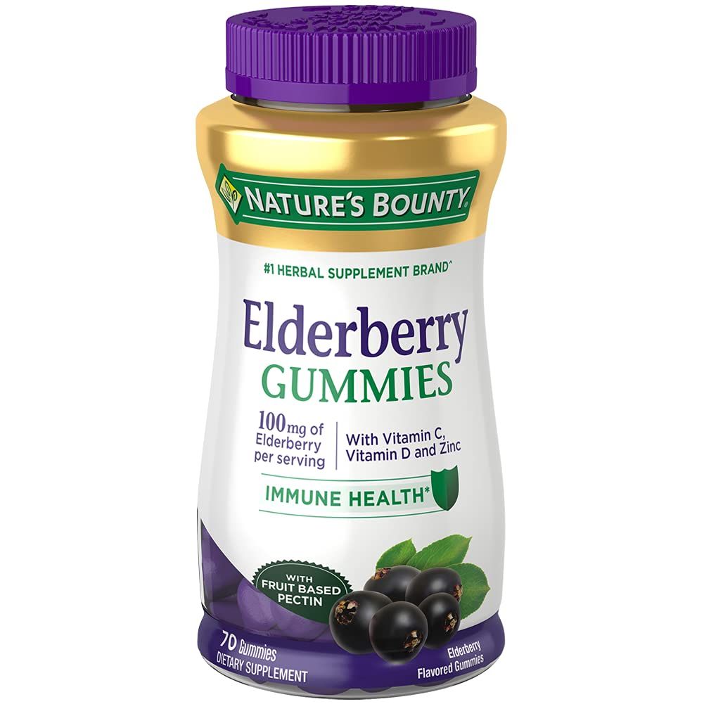 Nature&#39;s Bounty Elderberry Gummies, Dietary Supplement, Supports Immune Health, Contains Vitamin A, C, D, E and Zinc, 100 mg, 70 Gummies