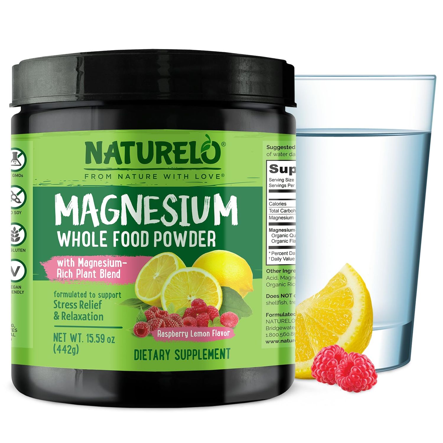 NATURELO Magnesium Powder - Whole Food Calm Magnesium Powder with Quinoa, Cauliflower, Flaxseed for Stress Relief, Raspberry Lemon 85 Servings, 15oz