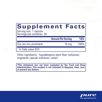 Pure Encapsulations Zinc 15 mg - Zinc Picolinate Supplement for Immune System Support, Growth Development - for Wound Healing - 30 Capsules