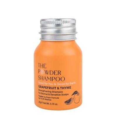 Strengthening Soothing Foaming Powder Shampoo for Normal Sensitive Scalp 20x Washes Vegan, Eco-Friendly, Grapefruit, Thyme 0.7 Oz Mini Aluminum Bottle