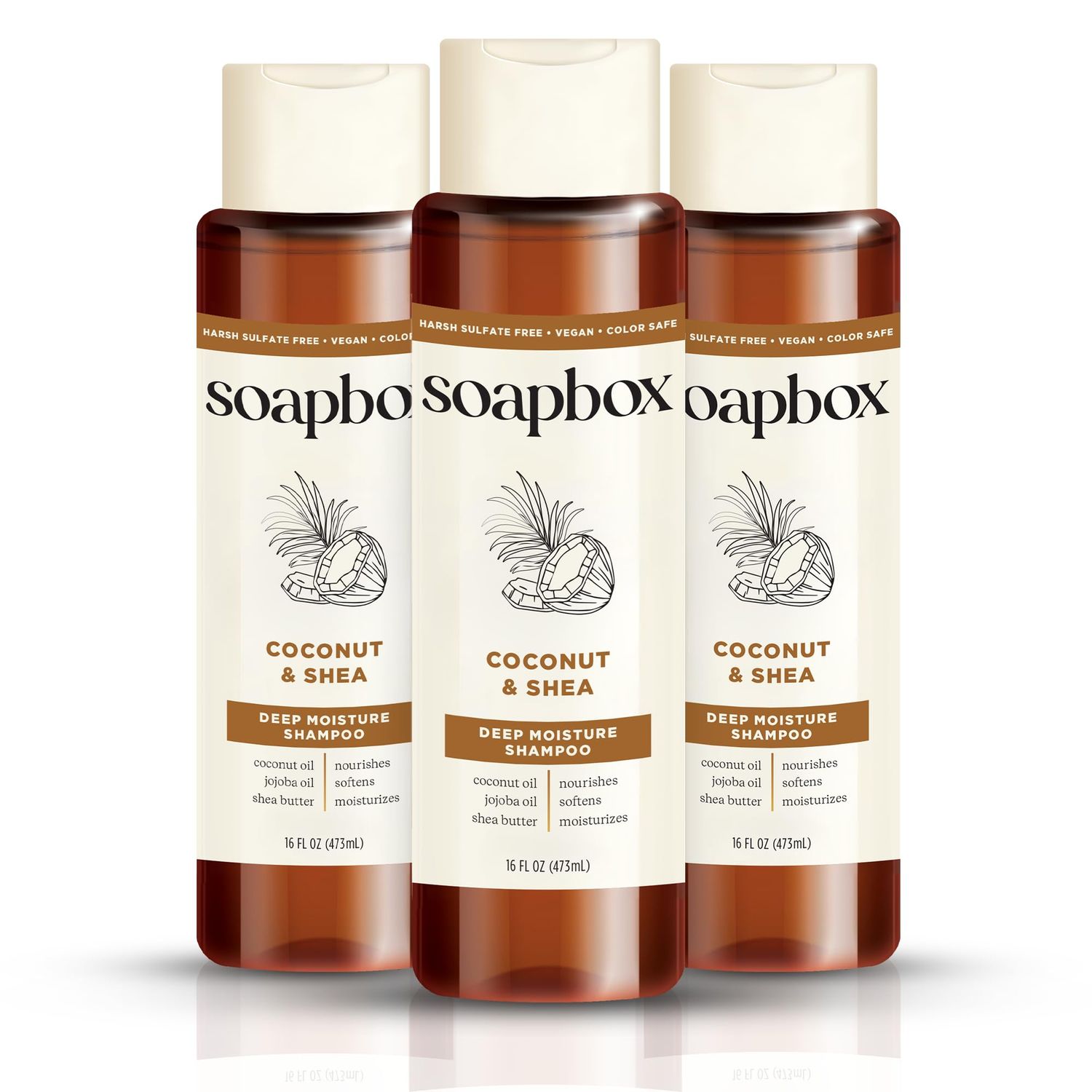 Soapbox Shampoo, Vegan Cruelty Free Hydrating Shampoo with Coconut Oil Shea Butter, Color Safe Shampoo 16oz (Pack of 3)