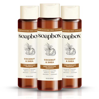 Soapbox Shampoo, Vegan Cruelty Free Hydrating Shampoo with Coconut Oil Shea Butter, Color Safe Shampoo 16oz (Pack of 3)