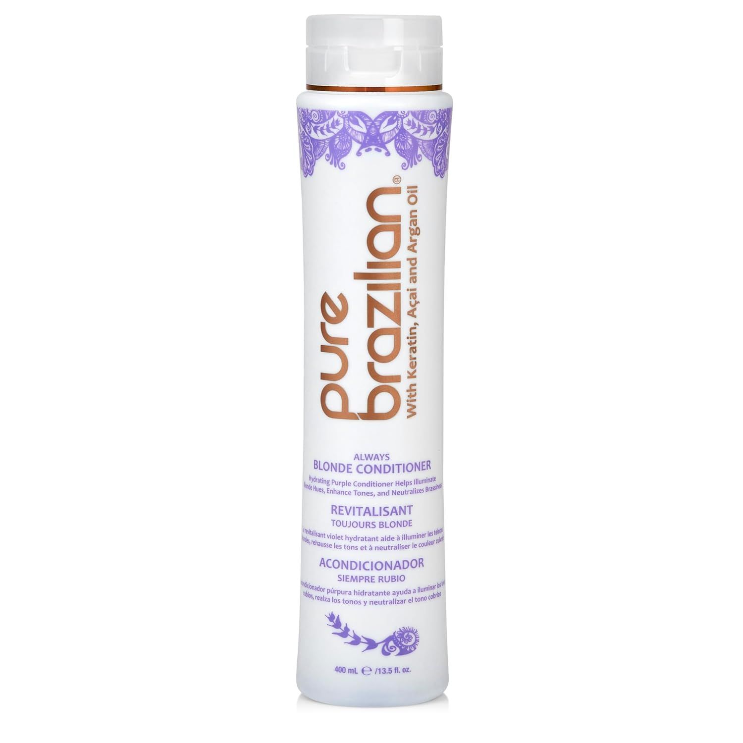 Pure Brazilian Always Blonde Conditioner with Keratin, Acai Argan Oil, Purple Conditioner for Color-Treated Hair, Sulfate-Free, 13.5 Fl Oz