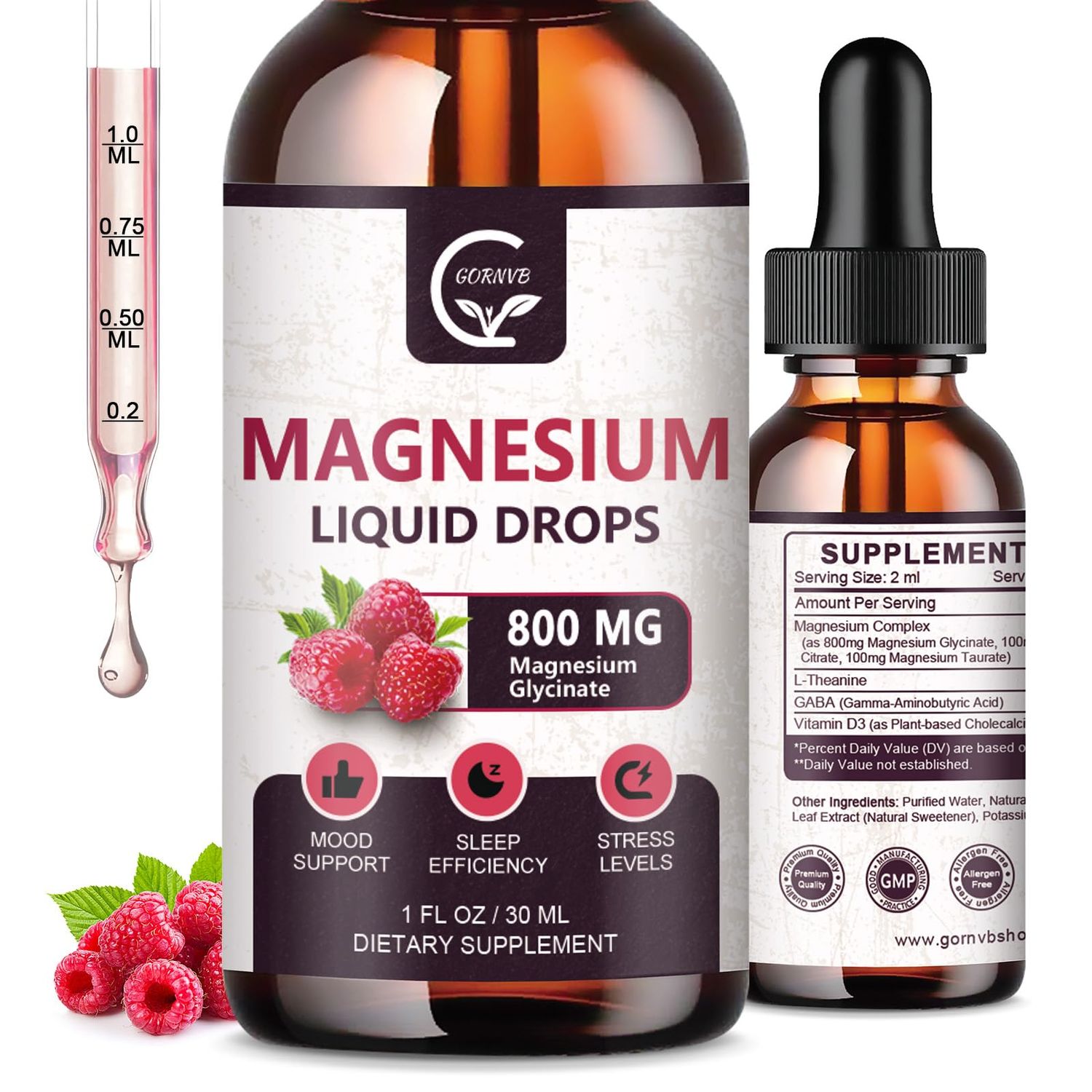 GORNVB (2 Pack) Magnesium Glycinate Liquid Drops 1000mg Liquid Magnesium Complex with D3, L-Thea GABA for Energy, Sleep, Nerve and Heart Health, High Absorption, Raspberry Flavor