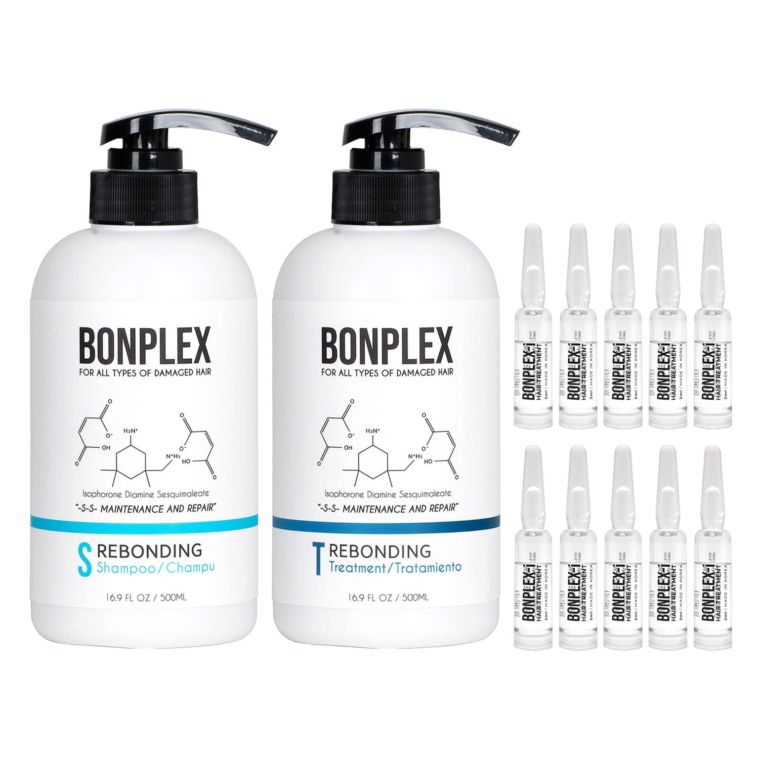 BONPLEX Perfect Bonding Hair Restore Shampoo, Treatment Ampoule Bond Strength Frizz Free, Smooth Shine Repair Split Breakage Damaged Hair Repair Concentrate Trio Kit (16.9oz 10 ampoules)