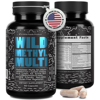 Wild Methylated Multivitamin for Women Men Daily Multi Vitamin MTHFR Supplement Without Iron Methylated B12, Folate, Vitamin C, A, K2, D, E, Choline, Biotin, ALA, CoQ10 More (60 Capsules)
