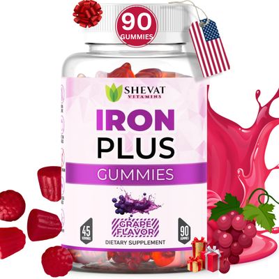 Made in USA 90 Iron Gummies For Women Anemia - Vegan, Gluten Free Immune Support Iron Supplement Gummies (Grape) - Chewable Iron Gummies for Men - Kids iron Gummies for Kids with Vitamin C, A Zinc