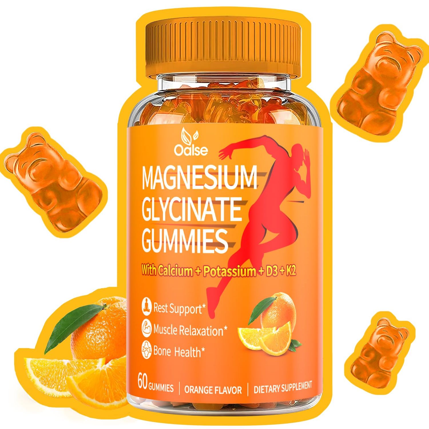 OALSE Magnesium Glycinate Gummies 600mg, Sugar Free Magnesium Potassium Supplement with Calcium, Vitamin D3, K2, CoQ10 for Adults and Kids, Stress Muscle Relief, Orange (60 CT)