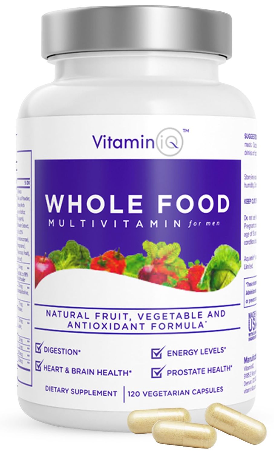 VitaminIQ Whole Food Multivitamin for Men (120 Vegetarian Capsules) Men s Multi Vitamin and Mineral Supplement with Calcium, Magnesium, Selenium, Vitamins A, B6, C, D3, E and More